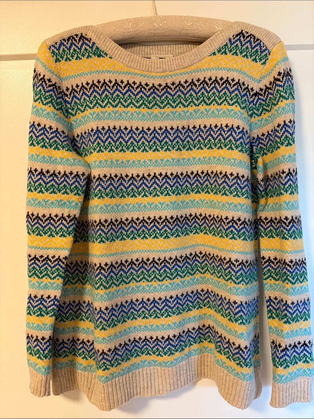 Talbots Fair Isle Sweater with Green, Blue, Yellow Stripes. Soft